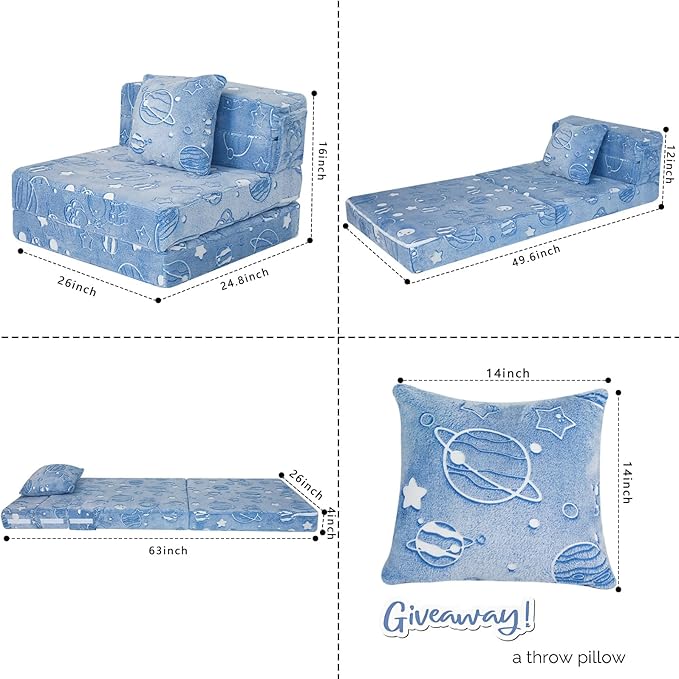MeMoreCool Glow Space-Themed Tri-fold Sofa Bed for Kids, Foldable Futon Chair and Floor Couch with Planets and Stars for Playroom