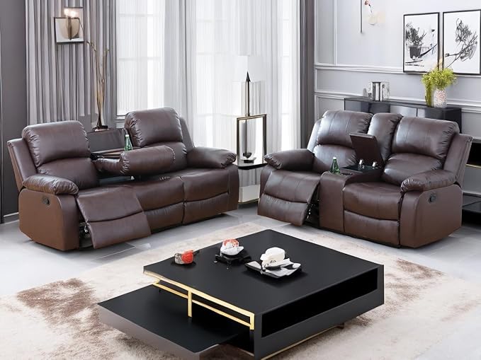 Brown Recliner Sofa Set Manual Reclining Couch Set Living Room Furniture Set Bonded Leather Sofa and Loveseat Set with Cup Holders/Storage Console for Home/Office/Rv Car (Brown, Sofa+Loveseat)