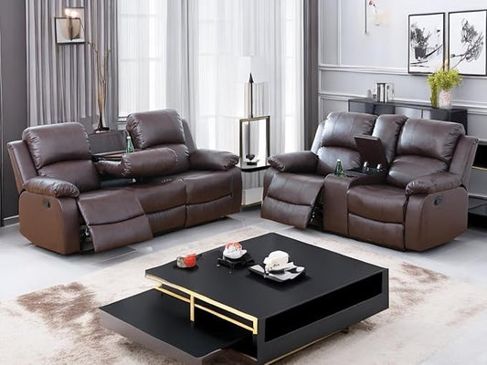 Brown Recliner Sofa Set Manual Reclining Couch Set Living Room Furniture Set Bonded Leather Sofa and Loveseat Set with Cup Holders/Storage Console for Home/Office/Rv Car (Brown, Sofa+Loveseat)