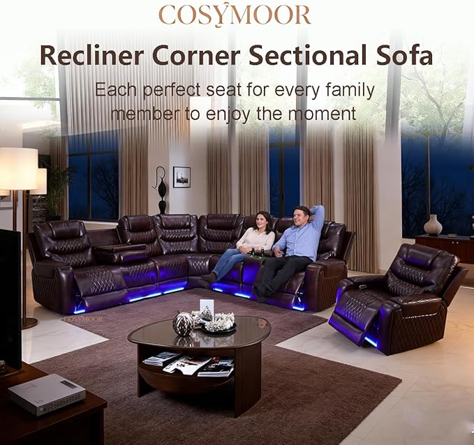Power Reclining Sectional Sofa Set with LED Light, Leather Sectional Couches, Living Room Furniture Sets, Modern Power Recliner Sofa Sets with 3 Recliner Seater, Couches for Living Room