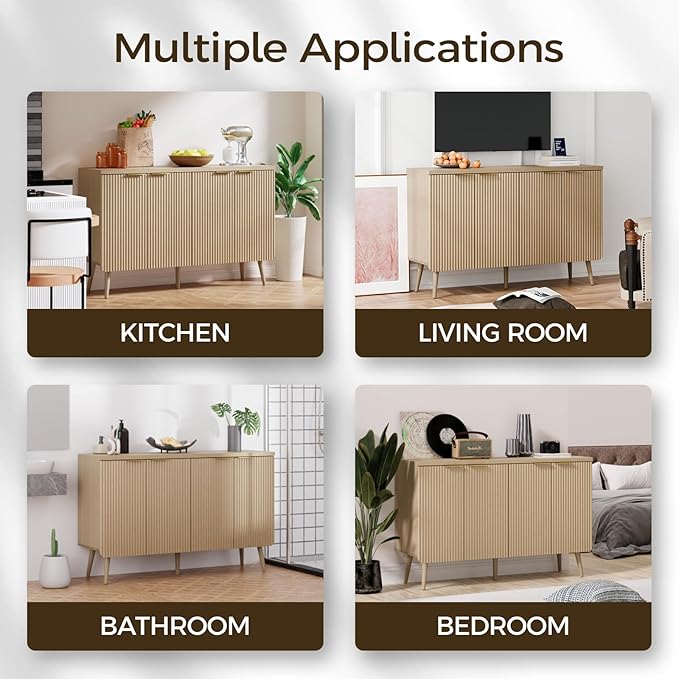 47.2" Modern Fluted Wood Sideboard – 4-Door Buffet Cabinet with Adjustable Shelves, Multi-Space Storage Credenza for Living Room, Dining Room & Entryway, Natual Oak