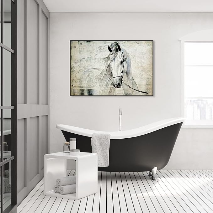 Country Farmhouse Canvas Print Painting Animal Wall Art 'Southern White Horse' Black Framed Canvas Rustic Home Décor 45x30 in Gray, Brown by Oliver Gal