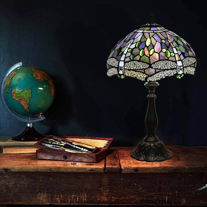 Tiffany Table Lamp Blue Dragonfly Stained Glass Table Lamps for Bedroom 12X12X19Inch 3 Way Color Temperatures Bedside Nightstand Home Office Desk Lamp Reading Lights with E26 LED Bulb