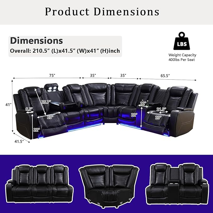 A Ainehome Power LED Furniture Reclining Sectional Couch, Living Room Recliner Adjustable Sofa, Loveseat and Chair with Storage Console for Living Room/Office/Home Theather(B-Black)