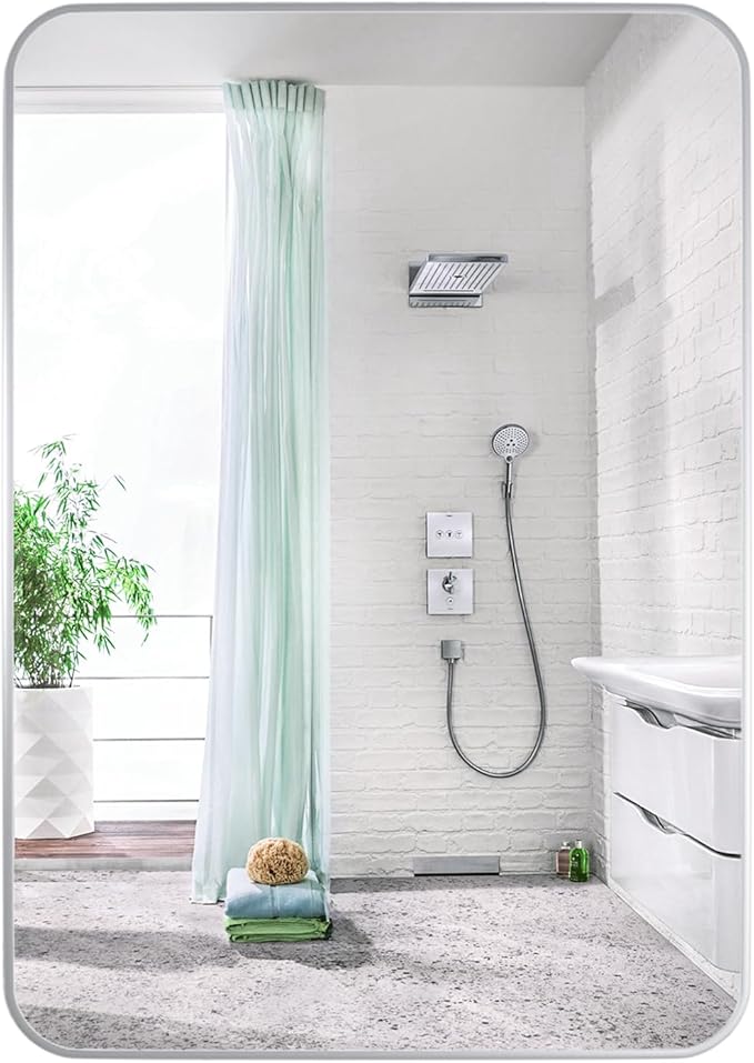 Manocorro Wall Mirror Bathroom Mirror, 20 x 28 Inch Silver Rectangular Mirror with Aluminum Alloy Frame, Rounded Corner Hanging Mirror Decor for Entryway, Bedroom, Living Room, Silver