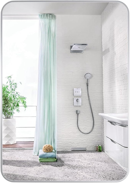 Manocorro Wall Mirror Bathroom Mirror, 20 x 28 Inch Silver Rectangular Mirror with Aluminum Alloy Frame, Rounded Corner Hanging Mirror Decor for Entryway, Bedroom, Living Room, Silver