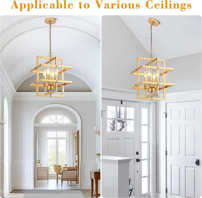 Gold Farmhouse Chandelier Modern Industrial Pendant Light Fixtures Brass Geometric Chandeliers for Dining Room Kitchen Island Entryway Foyer Bedroom Height Adjustable 4-Lights