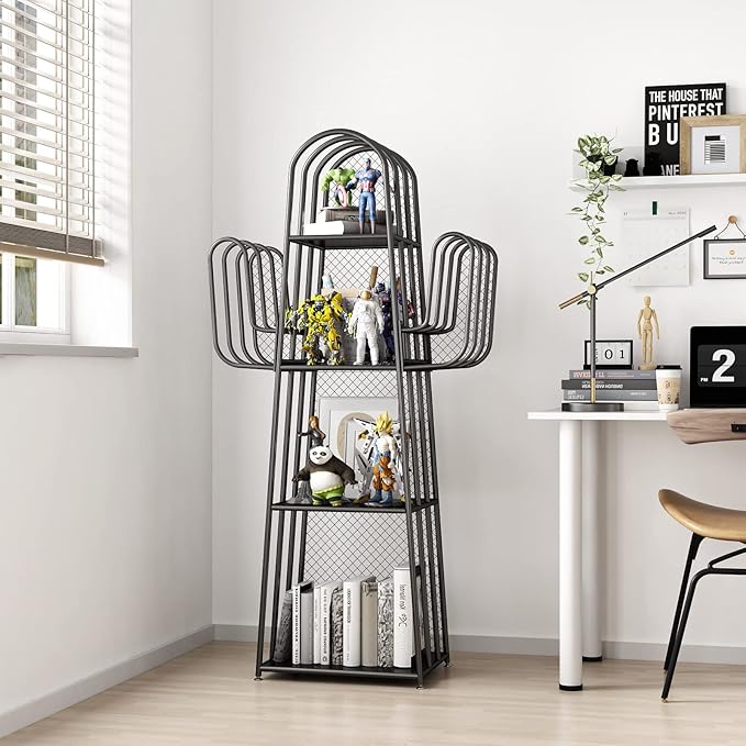 DOORXIF 4-Tier Industrial Bookshelf Freestanding, Cactus Bookcase Storage Organizer Closet Corner Metal Display Cabinet, Corner Black Bookshelf for Small Spaces, Industrial Bookcase for Bedroom Office