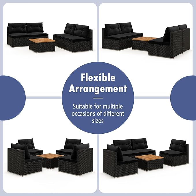 Tangkula 5 Piece Rattan Sofa Set, Outdoor Wicker Furniture Set w/Seat & Back Cushions, Square Coffee Table, Patio Sofa Set for Backyard, Poolside (Black)