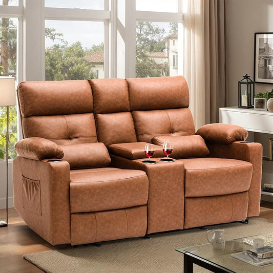 Power Reclining Loveseat with Console, Power Loveseat Recliner Sofa with Heat and Massage, Extending Footrest, RV Recliner Sofa with Lumbar Support, Side Pocket for Living Room