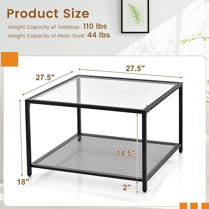 Giantex 27.5" Square Coffee Table - Tempered Glass Center Table w/Bottom Storage Shelf & Metal Frame, Modern Accent Table for Small Space, Living Room, Home, Office (2-Tier, Transparent)