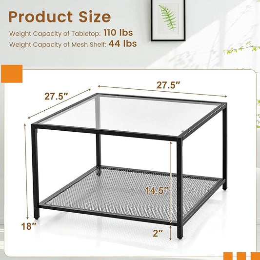 Giantex 27.5" Square Coffee Table - Tempered Glass Center Table w/Bottom Storage Shelf & Metal Frame, Modern Accent Table for Small Space, Living Room, Home, Office (2-Tier, Transparent)