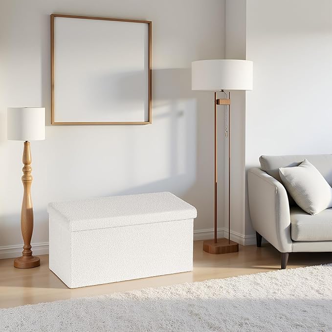30 Inches Storage Ottoman Bench - Square Ottoman with Sherpa Top,Storage Bench for Bedroom 30" L x 15" W x 15" H - White