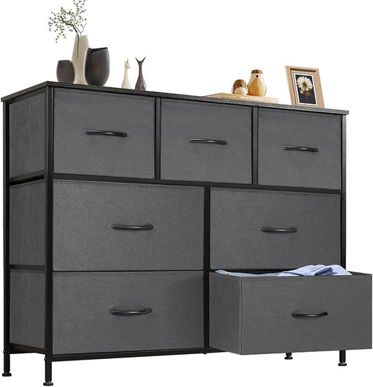 Sweetcrispy 7 Drawer Dresser Storage Organizer with Fabric Bins, Sturdy Steel Frame and Wood Top, Easy Pull Handles, for Bedroom Closet Hallway Entryway,Grey