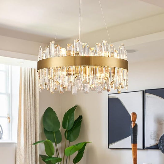 Siljoy Modern Crystal Chandelier, 12-Light Dimmable Brass Gold K9 Crystal Raindrop Chandelier, Luxury Adjustable Crystal Pendant Ceiling Light for Living Dining Room Kitchen Island Entry Foyer D19.7''