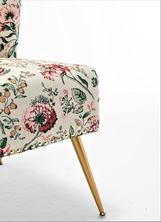 Thia Armless Accent Chair for Living Room, Elegant Seat with Nailhead Trim, Gold Metal Legs and Comfortable Curved Back, 28" D x 25" W x 29.5" H, 03 Floral Print