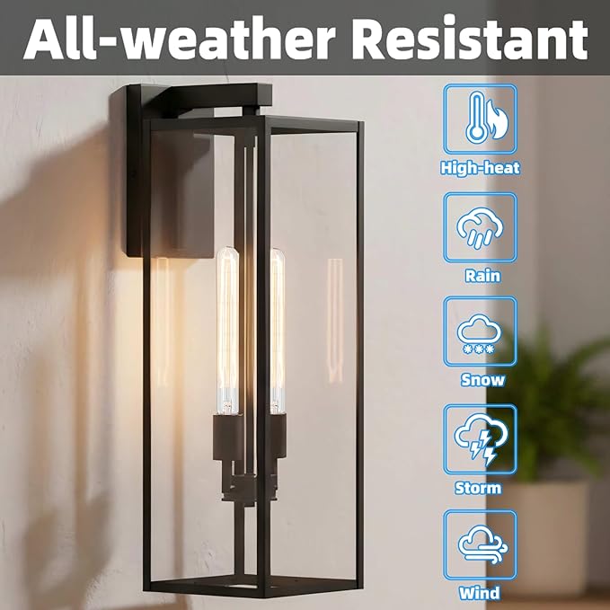 25in Extra Large Outdoor Wall Light 2-Light Black Wall Lantern for Porch,25” Exterior Sconce Metal and Glass Large Size Porch Light Black Outdoor Lanterns for Garage Balcony Patio Outside Lighting
