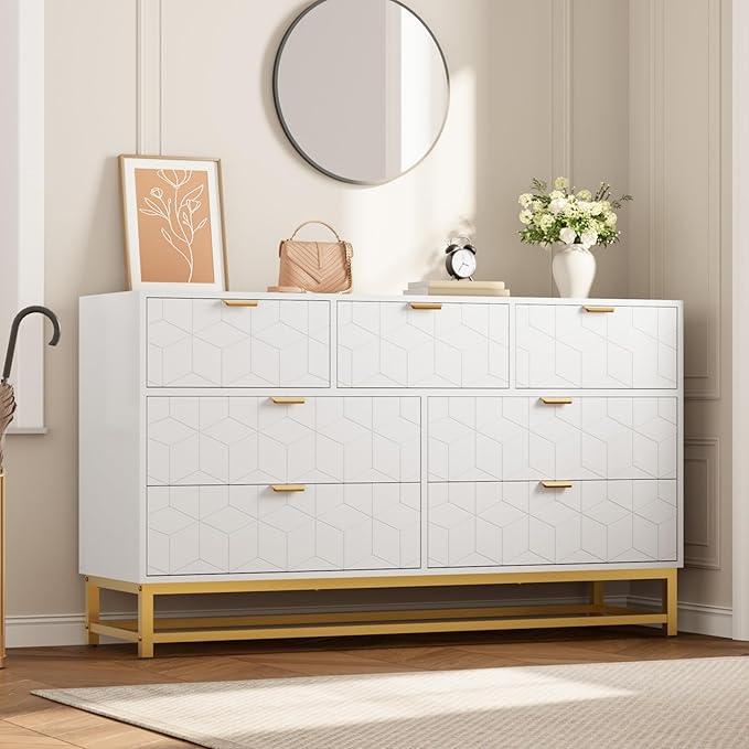 GAOMON Dresser for Bedroom, 53.5" Wide Dresser Organizer, 7 Drawer with Golden Metal Handle and Legs, Modern Chest of Drawers for Closet, Hallway, Living Room, Entryway, White
