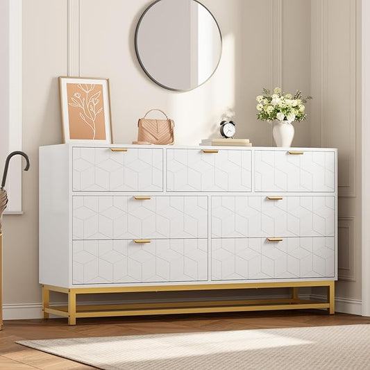 GAOMON Dresser for Bedroom, 53.5" Wide Dresser Organizer, 7 Drawer with Golden Metal Handle and Legs, Modern Chest of Drawers for Closet, Hallway, Living Room, Entryway, White