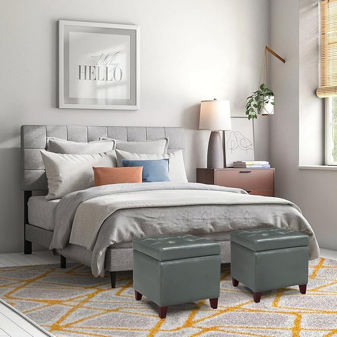 Adeco 18" Square Storage Ottoman with Hinged Lid, Waterproof Faux Leather Tufted Footstool, Sturdy Cube Seat for Living Room, Bedroom & Entryway, Supports 250lbs, Cement Grey