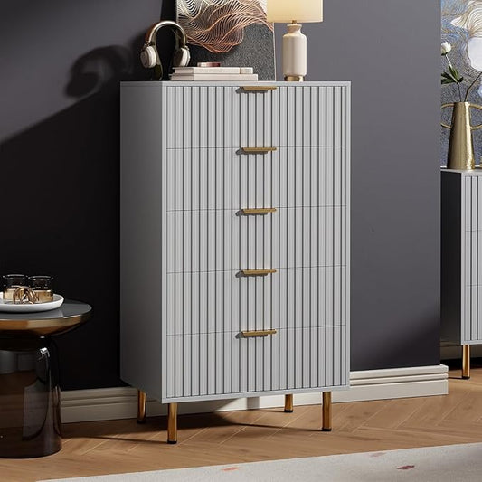 GarveeHome Fluted 5 Drawer Dresser for Bedroom, 48 in Tall Modern Chest of Drawers with Deep Drawers and Wide Top, Wooden Dresser Organizer for Living Room, Hallway, Kids Room, Grey