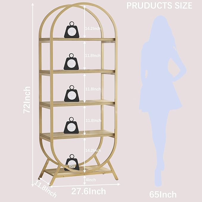 Arched Bookshelf,5-Tier Tall Wide Open Bookshelf,Modern Brown Storage Bookshelves, Freestanding Display Rack Shelving Unit for Office, Bedroom, Living Room, Easy Assembly, Brown