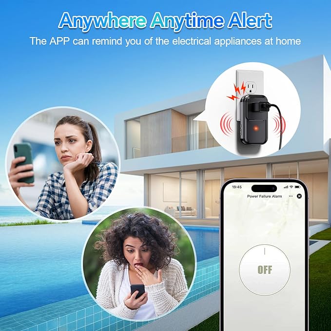 Power Failure Alarm WiFi, 110dB Frezzer Smart WiFi Power Outage Alarm with LED Indicator, Blackout App Alerts Smart Power Failure Detector for Refrigerator, GFCI Trips, Sump Pump（ WiFi Black-1PC