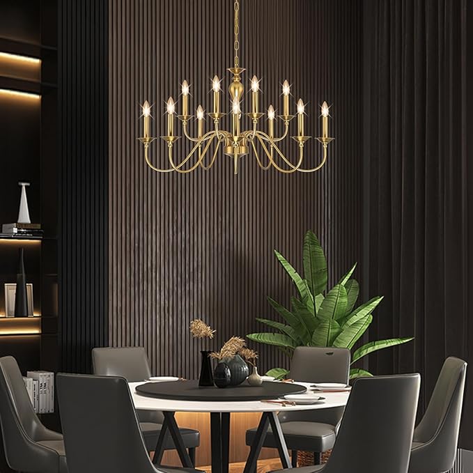 12 Light Gold Farmhouse Chandeliers for Dining Room Light Fixtures Over Table,Industrial Candle Hanging Chandelier for Living Room Foyer Staircase Bedroom Kitchen Island Restaurants