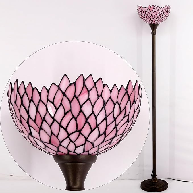 WERFACTORY Tiffany Floor Lamp Pink Stained Glass Wisteria Light 12X12X71 Inches Pole Torchiere Standing Corner Torch Uplight Decor Bedroom Living Room Home Office S523P Series