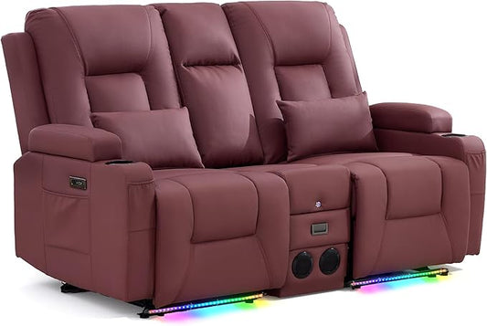 URRED Power Loveseat Recliner Sofa with Console, Wall Hugger Reclining Loveseat RV Couch with LED Light, 150° Zero Gravity Recliners Modular Couches for Living Room (Red, 68.1'' - 2 Seats)