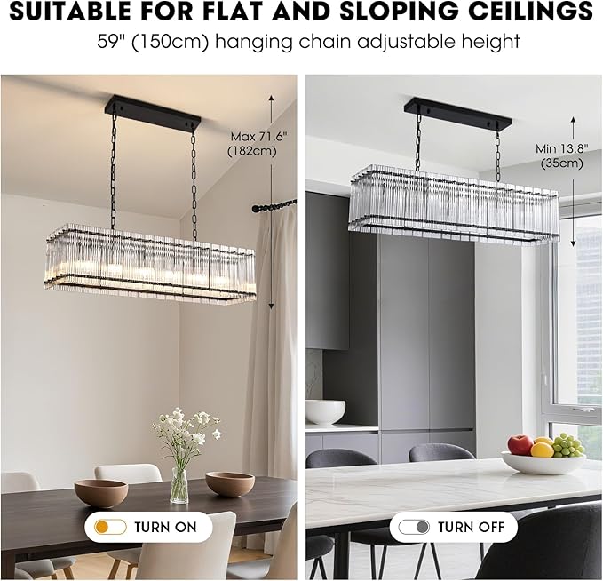NOXARTE 40 Inch Modern Black Crystal Chandelier for Dining Room, 6-Lights Large Ribbed Glass Rectangle Chandelier Height Adjustable Rectangular Hanging Light Fixture for Living Room, Kitchen Island