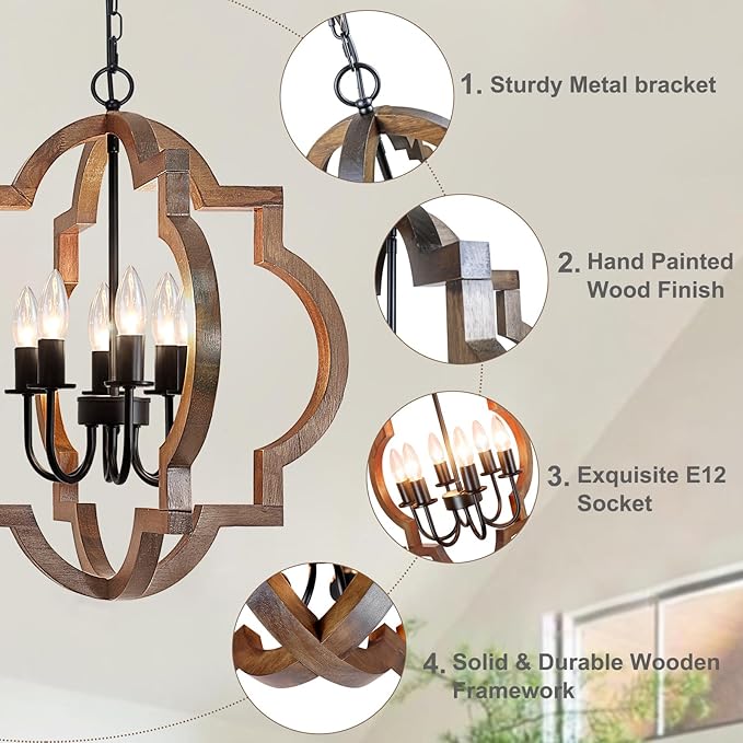 21.65'' Farmhouse Wood Chandelier, 6-Light Rustic Dining Room Light Fixture, Orb Chandelier Light Adjustable Height, Wood Pendant Lighting for Kitchen Island Foyer Living Room Hallway