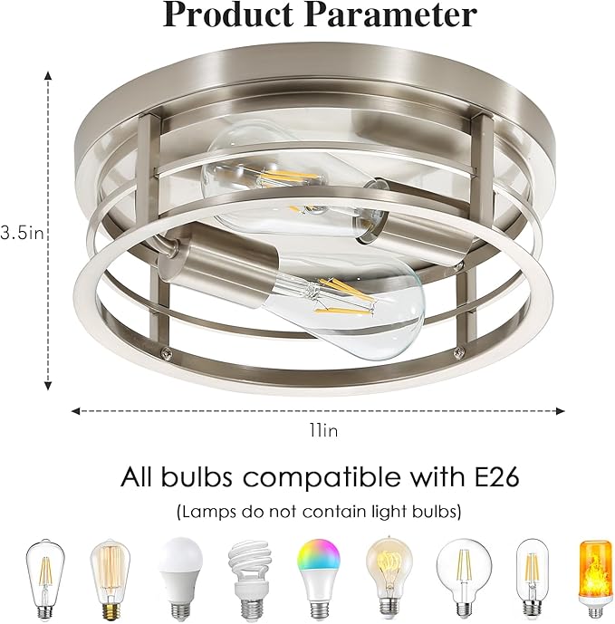 2-Light Round Flush Mount Ceiling Light, Farmhouse Brushed Nickel Metal Cage Close to Ceiling Light Fixture, 11inch E26 Base Semi Ceiling Mount Lamp, Modern Pendant Lighting for Porch Hallway