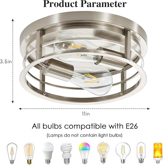 2-Light Round Flush Mount Ceiling Light, Farmhouse Brushed Nickel Metal Cage Close to Ceiling Light Fixture, 11inch E26 Base Semi Ceiling Mount Lamp, Modern Pendant Lighting for Porch 2 Pack