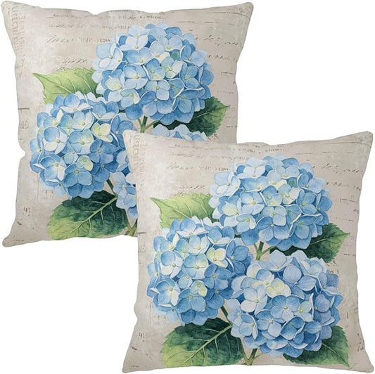 Vintage Blue Hydrangea Pillow Covers 20x20 Set of 2 Spring Summer Floral Outdoor Decorative Throw Pillow Cases Rustic Flowers Farmhouse Cushion Cover for Couch Sofa Porch Home Decor