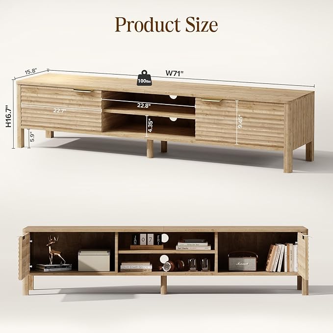 TV Stand for Living Room - up to 80 Inch TVs Mid Century Modern Entertainment Center with Storage and Adjustable Shelves, Media Console Table Oak 71"