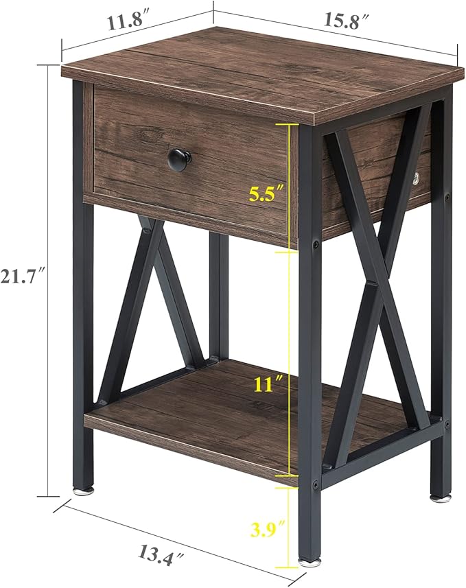 VECELO Nightstand,Modern Bedside End Table, Night Stand with Drawer and Storage Shelf for Living Room Bedroom, Industrial Metal Frame