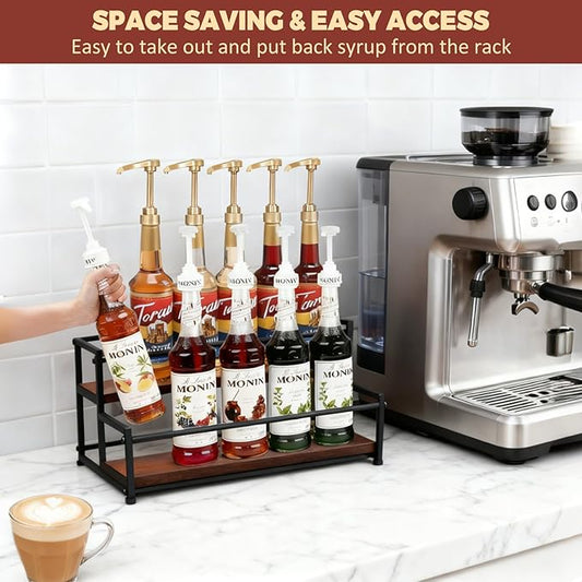 Coffee Syrup Rack Organizer - Metal Bottle Holder for 10 Bottles – Rustic Countertop Display Shelf for Coffee Bar, Kitchen Cabinet, Pantry Storage for Syrups, Liquor, Spice, Tea & Wine (2-Tier)