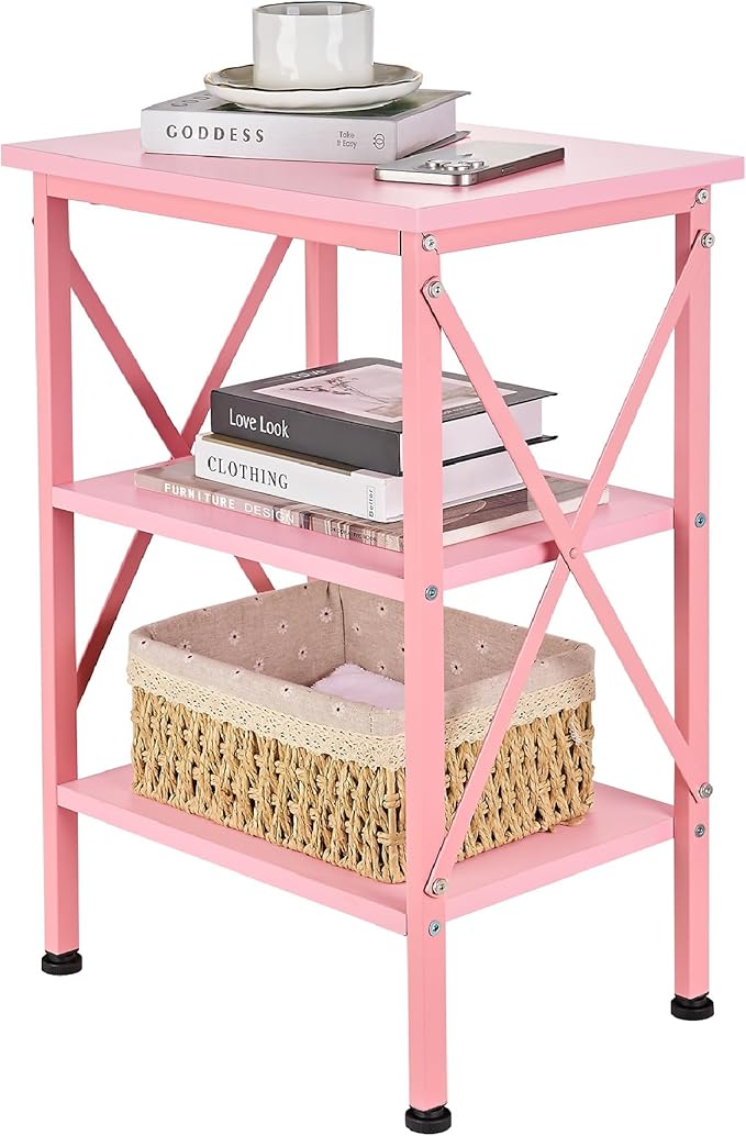 VECELO End Table, Nightstand, 24" Tall Living Room Side Tables, X-Design Reinforced Bedside Table, Nightstands with 3-Tier Storage Shelves for Small Spaces, Office, Bathroom, Bedroom, Pink