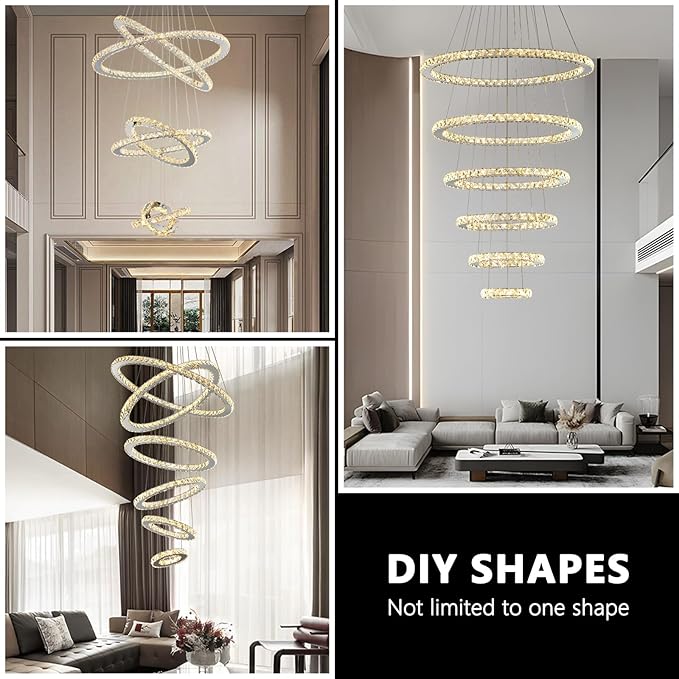 Modern Crystal Chandelier for High Ceiling Lights Fixtures Luxury 6 Ring Led Chandelier for Dining Room Big High Ceilings Foyer Chandeliers for Living Room Entryway Staircase, D8"-12"-16"-20"-24"-28"