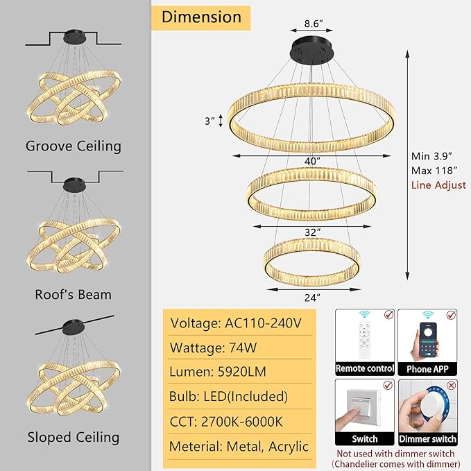 24''+32''+40'' Modern Ring Chandelier Crystal Chandeliers for Dining Room Round LED Dimmable Ceiling Light Fixture for Living Room Bedroom Lighting Black