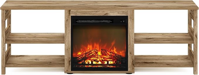 Furinno Classic Fireplace TV Stand, Entertainment Center, TV Console for TV up to 70 Inch with Fireplace, for Living Room, Bedroom, Flagstaff Oak