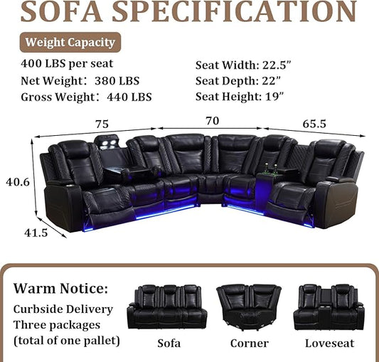 Power Reclining Sectional Sofa Set with LED Lights, Vegan Leather Recliner Sectional Couch for Living Room Furniture,Wireless Charging/USB Charging/Reading Lamp/Armrest Storage,Black Pro