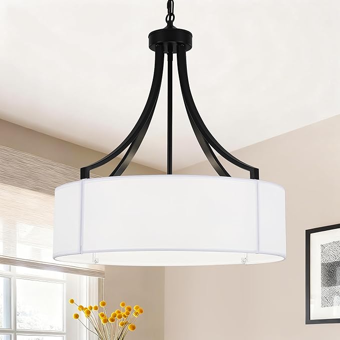 20" Modern Black Farmhouse Drum Chandeliers for Dining Room, 6-Light Rustic Drum Pendant Light with White Fabric Shade, Hanging Light Fixture for Living Room Bedroom Foyer Kitchen Island Entryway