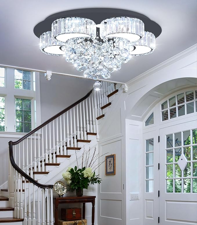 23.6'' Black Modern Crystal Chandeliers for Dining Room LED Dimmable Light Fixtures Flush Mount Light Living Room Bedrooms