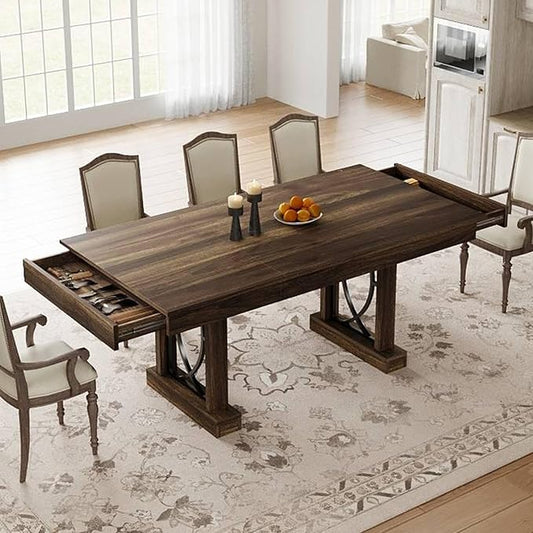 GarveeHome 71-Inch Rectangular Dining Table with Two Drawers, Wooden Kitchen Table w/Large Tabletop & Sturdy Frame, Large Dining Table for 6-8 with Double Pedestal, for Dining Room, Office