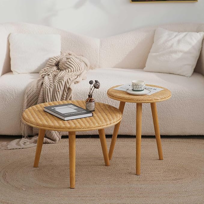 Side Table Set of 2, Coffee Table for Living Room, Farmhouse Circle End Table, Boho Round Coffee Table Natural Finish with Handcrafted Bamboo-Woven Tabletop, Unique Coffee Table