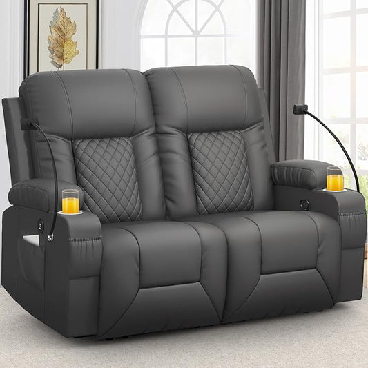 FURNIMAT Loveseat Recliner Sofa, 2 Seater Reclining Loveseat Sofa, PU Leather RV Loveseat Couch, Modern Recliner Chair for Living Room, with Cup Holder and 2 Cell Phone Holder, USB Ports, Gray