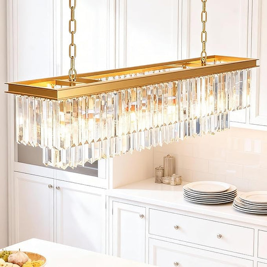 Gold Rectangle Crystal Chandelier, Modern Rectangular Pendant Ceiling Hanging Linear Chandeliers Light Fixture for Dining Room, Kitchen Island, Bar, 14-Light 59 Inches