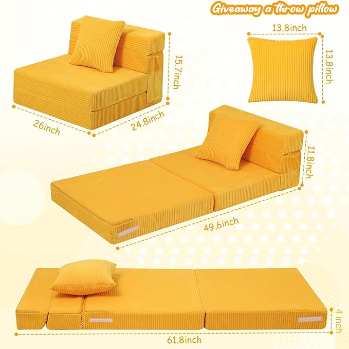 MeMoreCool Folding Sofa for Kids, Corduroy Fold Out Futon Chair, Small Foldable Floor Mattress, Portable Children Couch Sofa, Yellow